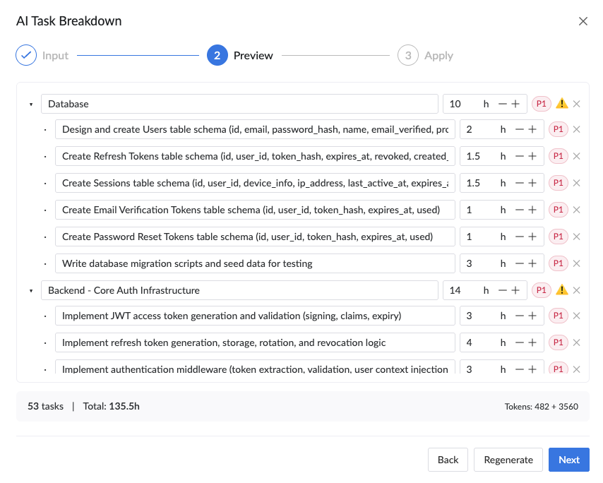 AI Task Breakdown - Step 2: Preview generated tasks