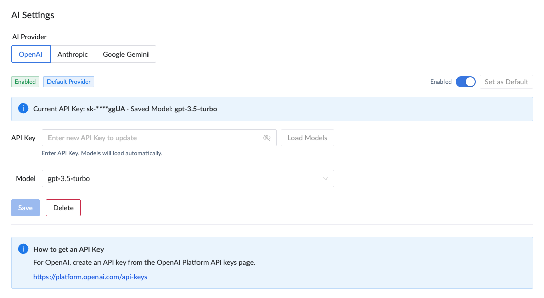 AI Settings screen with provider status and default provider