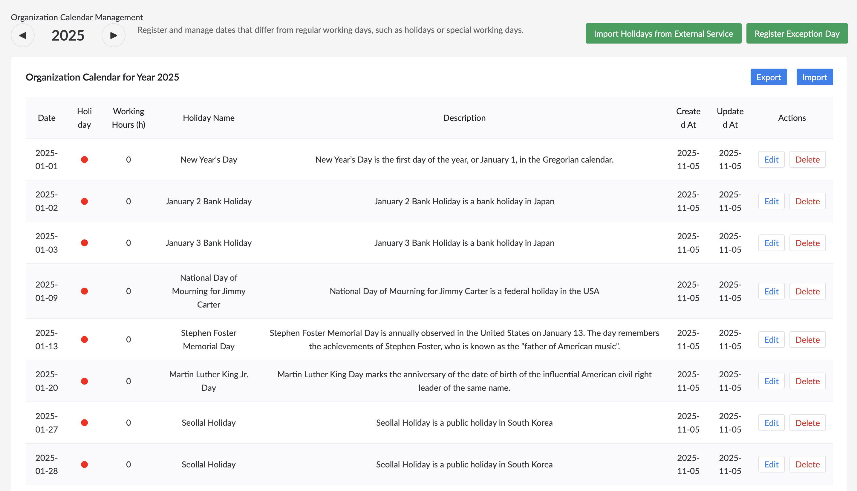 Organization calendar holiday settings with manual entry, import, export, and external service options