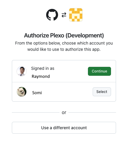 GitHub account selection screen showing multiple accounts to choose from