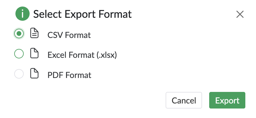 Plexo data export dialog displaying CSV, Excel, and PDF format options with export settings