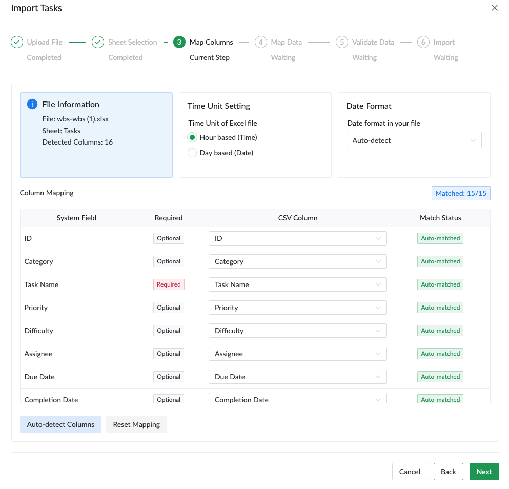 Import Tasks wizard - column mapping interface for Excel and CSV file import