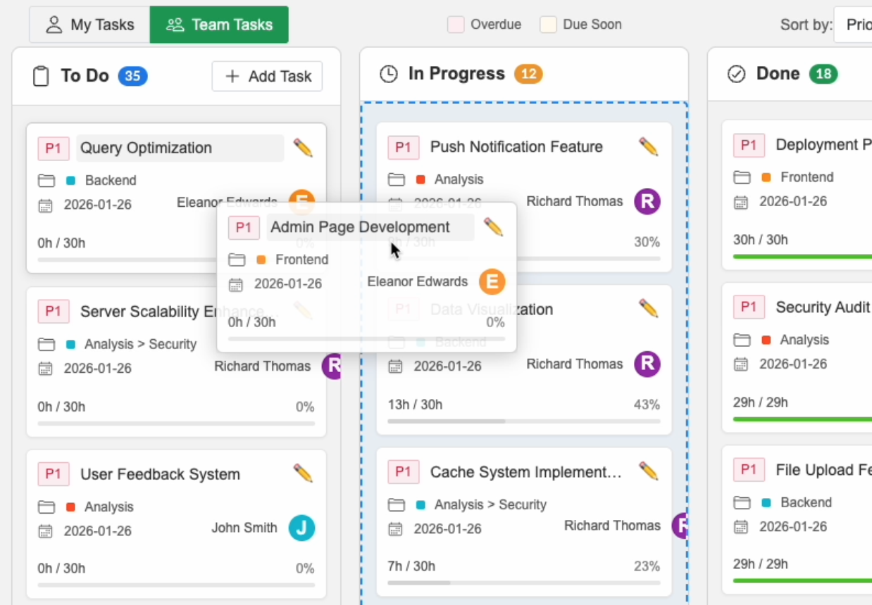 Project management software Kanban board - drag-and-drop task movement between columns
