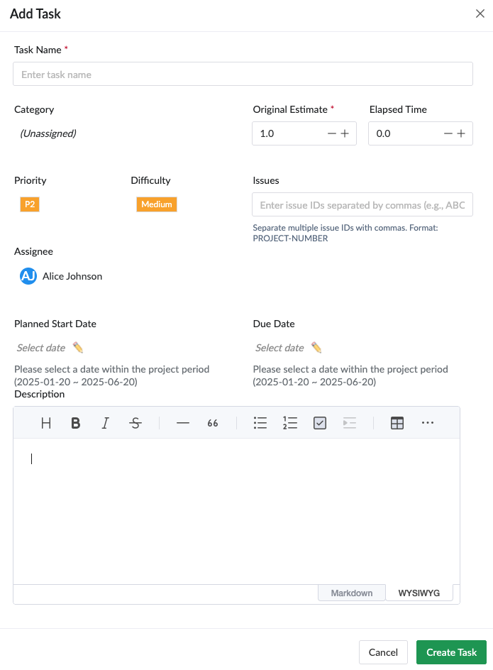 Project management software task creation modal for collaborative project planning