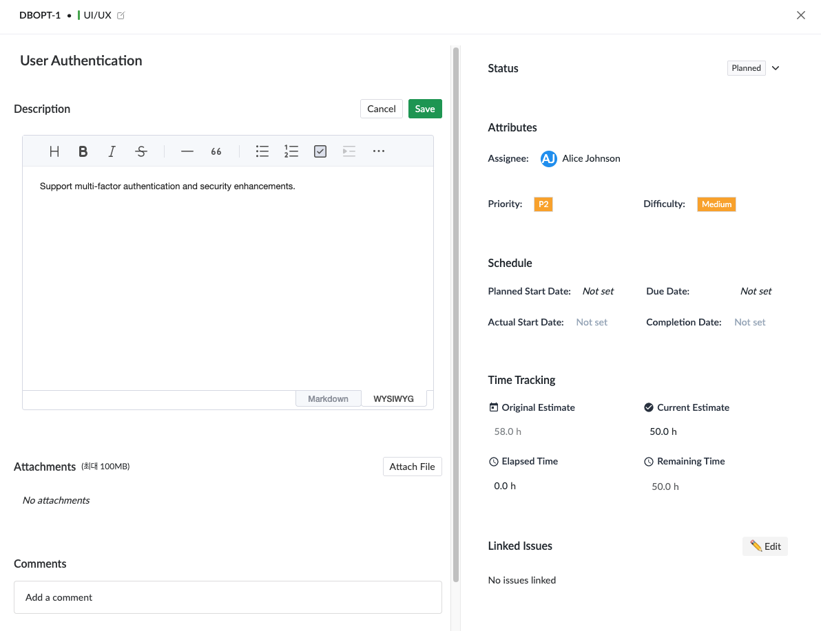 Task detail view showing all fields with sample data