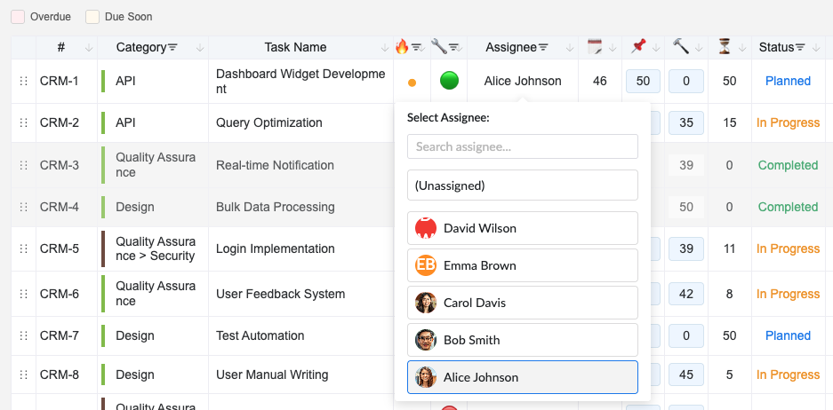 Select Assignee dropdown menu with search functionality