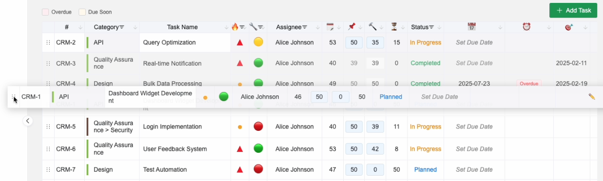 WBS List showing drag handles for reordering tasks
