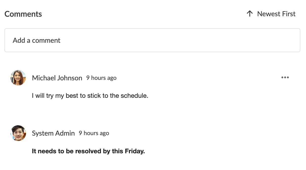 Plexo task comments section displaying threaded discussions with timestamps and user avatars